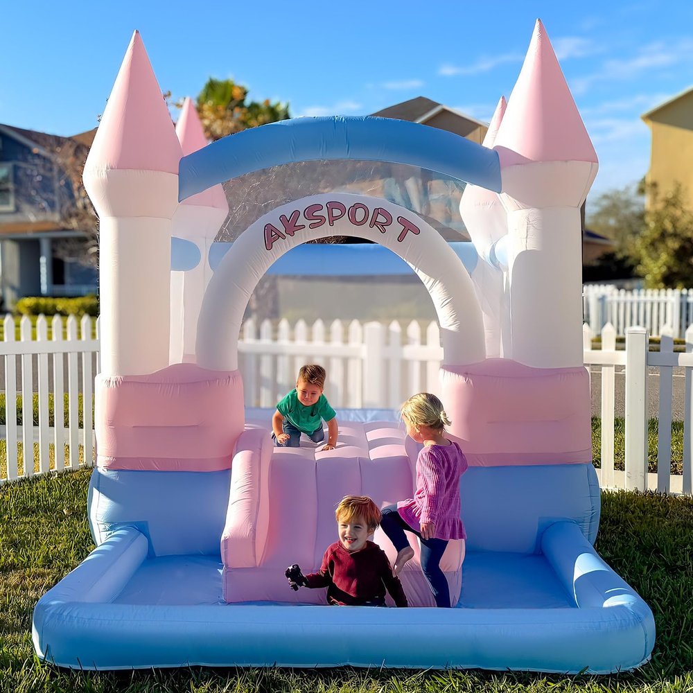 AKSPORT Inflatable Bounce House for KidsMacaron Bouncy Castle with Air Blower & Slide & Large Ball Pool for Birthday Party, Wedding, Gift, Indoor & Outdoor11.8FT*8.2FT*8.5FT
