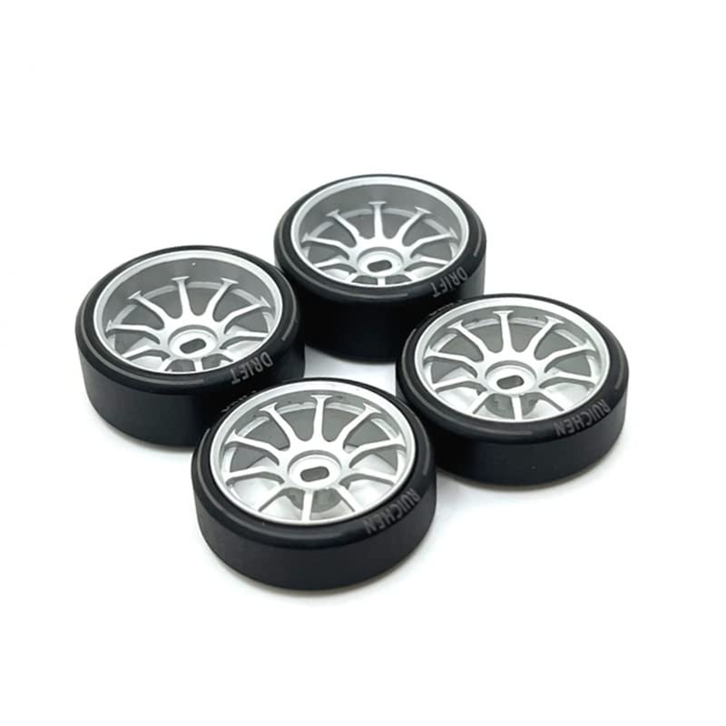 1/28 27mm Drift Tire Tyre Metal Wheel Rim for Wltoys 284131 K969 K979 K989 P929 Kyosho Mini-Z 1:28 RC Car Upgrades Parts(Silver)