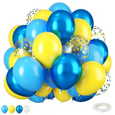 Metallic Gold Blue Yellow Balloons - 12 Inch Confetti for Cartoon Theme Soccer Party Decoration, Baby Shower, Anniversary, Birthday, Wedding