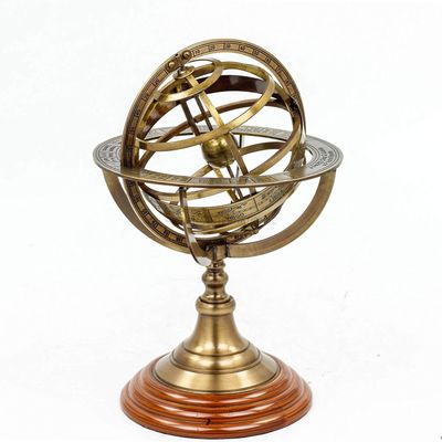 Antique Vintage Armillary Brass Sphere Globe Wooden Display | Pirate's Antique Ship Decor | (Antique Brass)