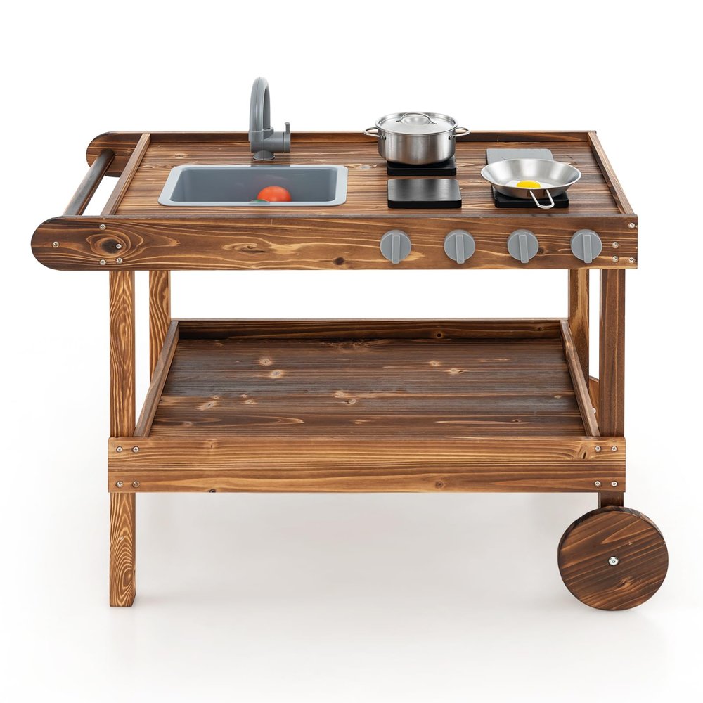 HOMGX Mud Kitchen with Wheels, Wooden Outdoor Play Kitchen with Sink, Faucet, Storage Space, Stove, Backyard Pretend Kitchen Play Set for 3+ Years Kids, Gift for Boys and Girls