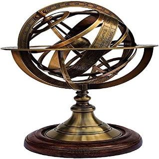 Antique Brass 11" Armillary Sphere Globe Astrolabe Zodiac Engraved Celestial Globe Wooden Base