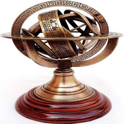 18" Brass Armillary Sphere Astrolabe On Wooden Base Maritime Nautical & Collectible Rustic Vintage Home Decor Gifts