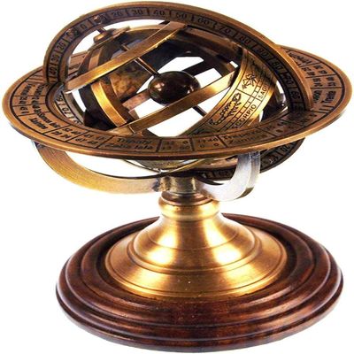 Antique Vintage Armillary Brass Sphere Globe Wooden Display | Pirate's Antique Ship Decor (5")