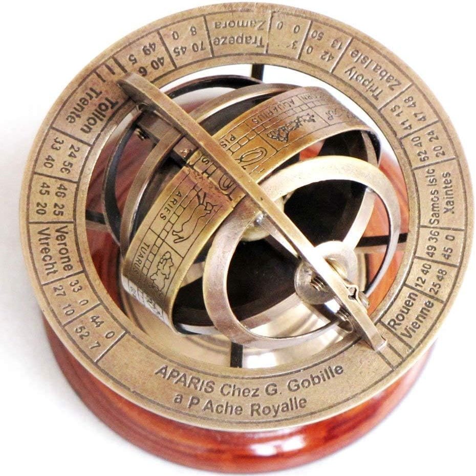 8" Brass Armillary Sphere Astrolabe On Wooden Base Maritime Nautical & Collectible