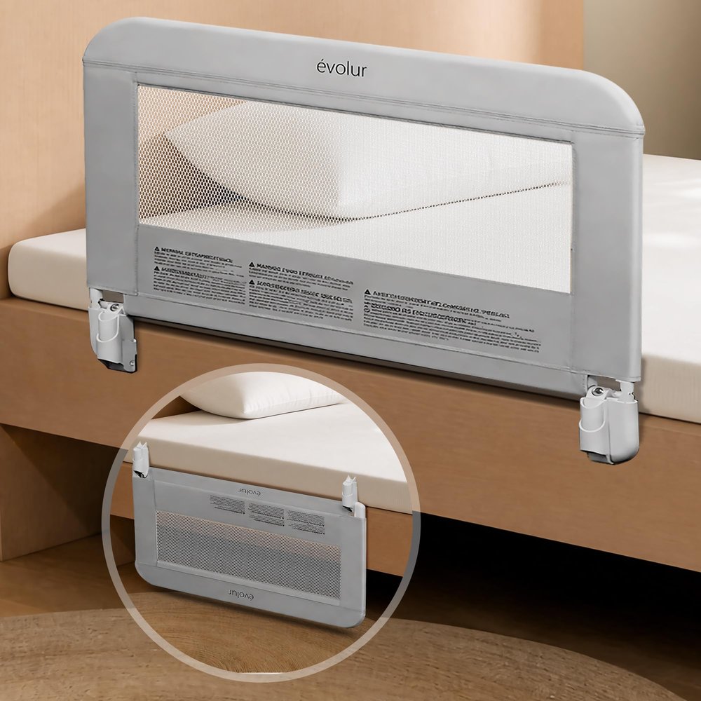 Evolur Snooze Shield Toddler Bed Rail, 33 Inch Swing-Down Guardrail, Grey