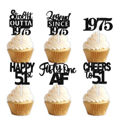 18pcs Black Glitter Dessert Cupcake Pick for Straight Outta 1975 Legend Since 1975 Theme Decor Supplies Boys Happy 51st Birthday Party Decoration