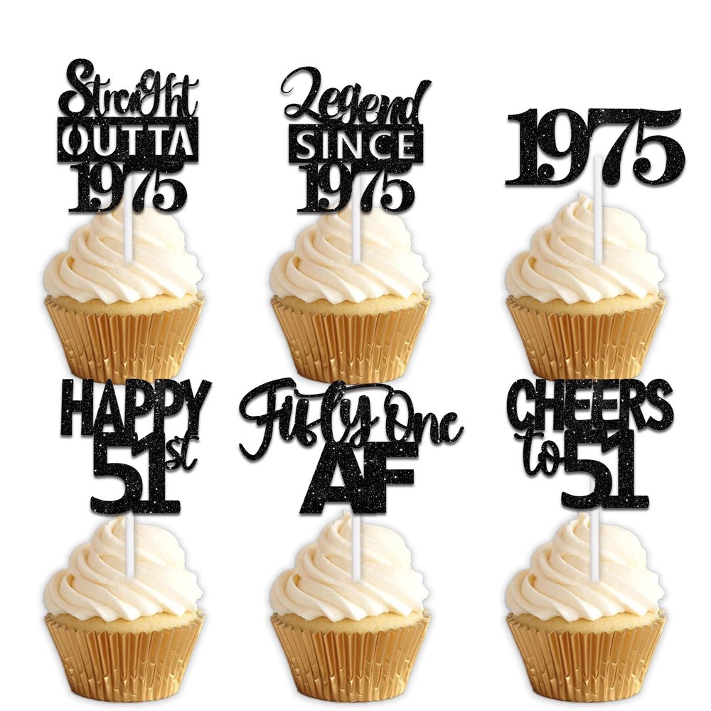 18pcs Black Glitter Dessert Cupcake Pick for Straight Outta 1975 Legend Since 1975 Theme Decor Supplies Boys Happy 51st Birthday Party Decoration