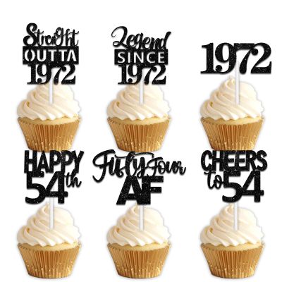 18pcs Black Glitter Dessert Cupcake Pick for Straight Outta 1972 Legend Since 1972 Theme Decor Supplies Boys Happy 54th Birthday Party Decoration