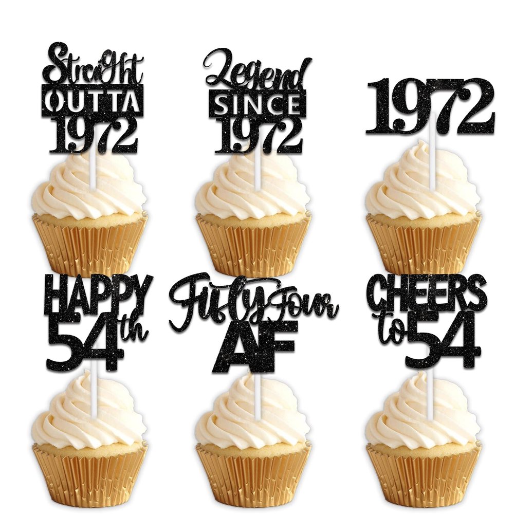 18pcs Black Glitter Dessert Cupcake Pick for Straight Outta 1972 Legend Since 1972 Theme Decor Supplies Boys Happy 54th Birthday Party Decoration