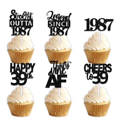 18pcs Black Glitter Dessert Cupcake Pick for Straight Outta 1987 Legend Since 1987 Theme Decor Supplies Men Boys Happy 39th Birthday Party Decoration