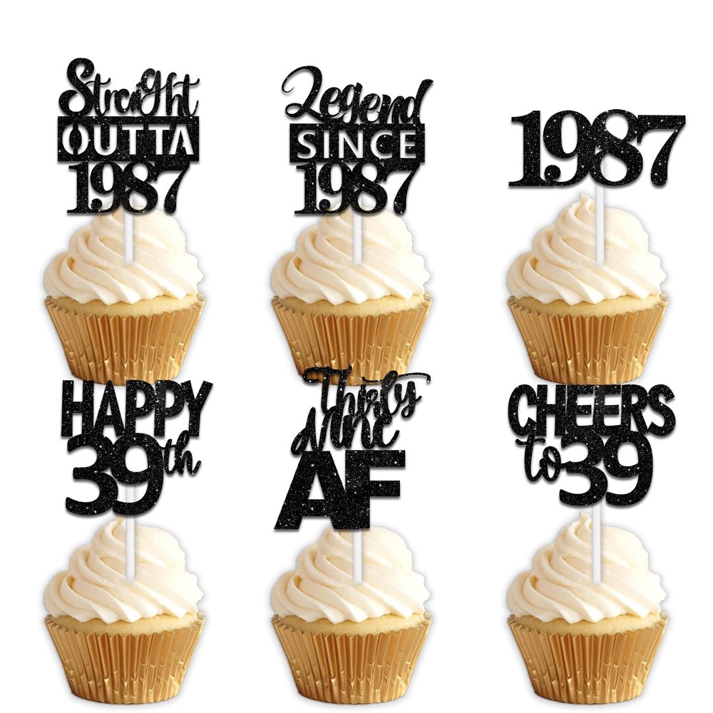 18pcs Black Glitter Dessert Cupcake Pick for Straight Outta 1987 Legend Since 1987 Theme Decor Supplies Men Boys Happy 39th Birthday Party Decoration