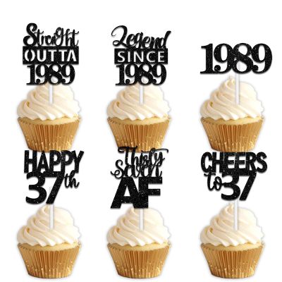 18pcs Black Glitter Dessert Cupcake Pick for Straight Outta 1989 Legend Since 1989 Theme Decor Supplies Men Boys Happy 37th Birthday Party Decoration