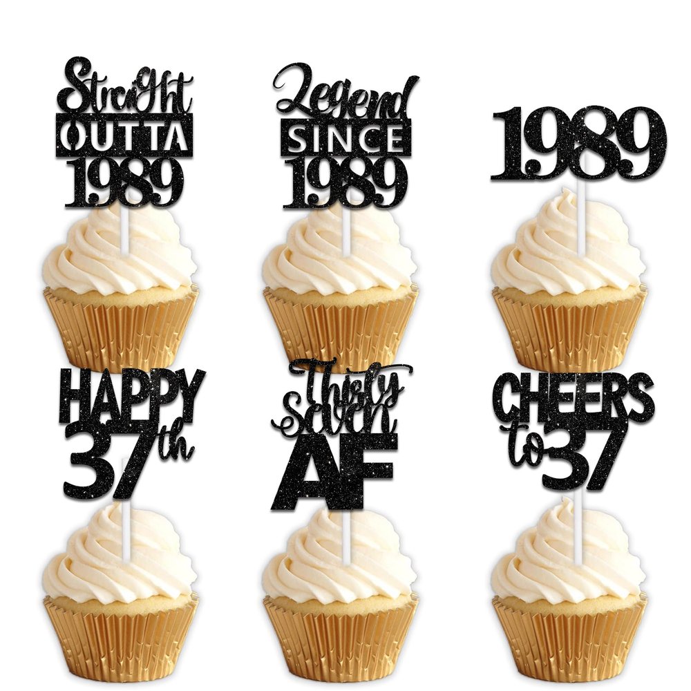 18pcs Black Glitter Dessert Cupcake Pick for Straight Outta 1989 Legend Since 1989 Theme Decor Supplies Men Boys Happy 37th Birthday Party Decoration