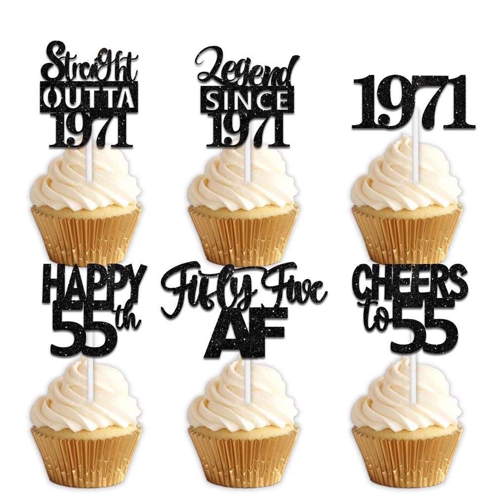 18pcs Black Glitter Dessert Cupcake Pick for Straight Outta 1971 Legend Since 1971 Theme Decor Supplies Men Boys Happy 55th Birthday Party Decoration