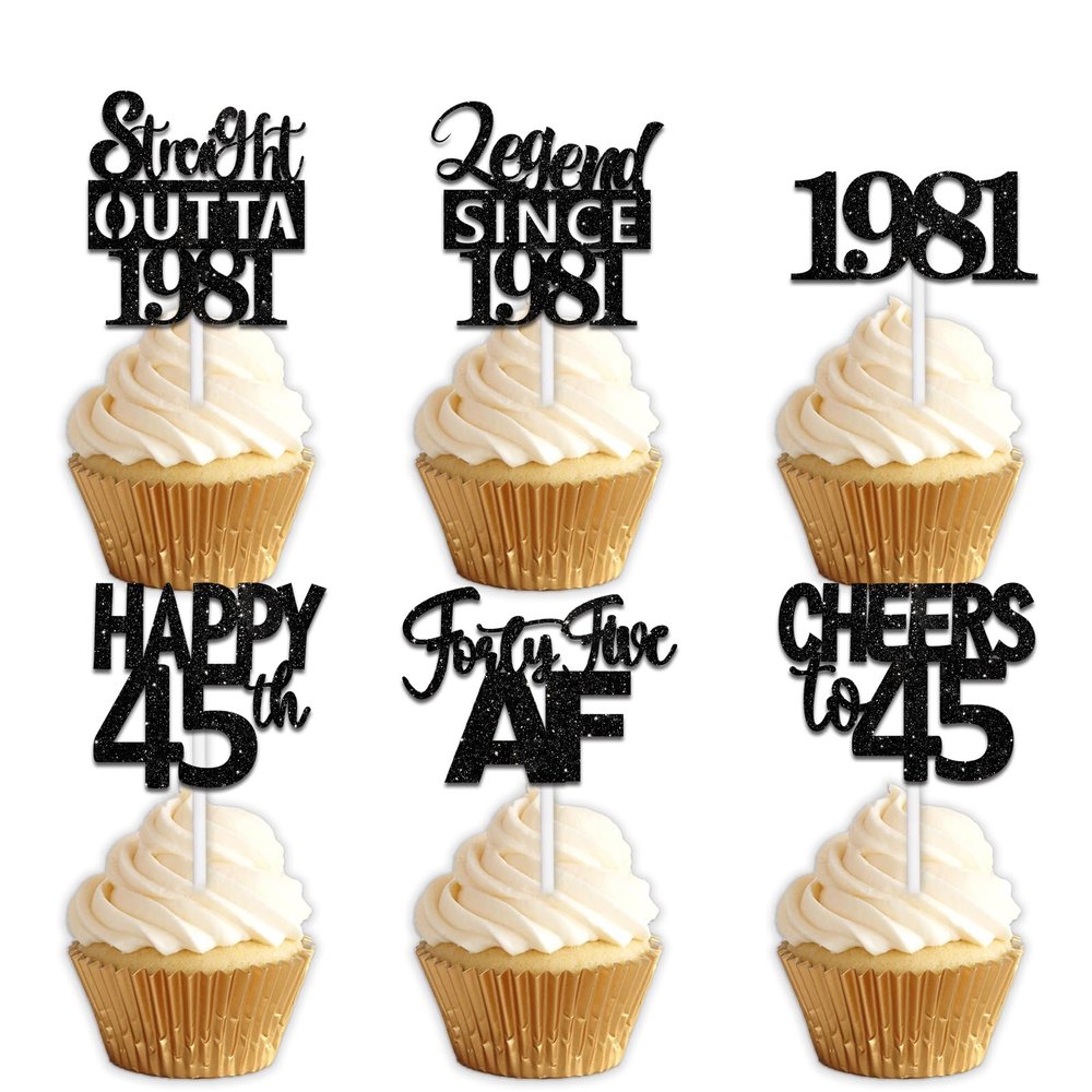 18pcs Black Glitter Dessert Cupcake Pick for Straight Outta 1981 Legend Since 1981 Theme Decor Supplies Men Boys Happy 45th Birthday Party Decoration