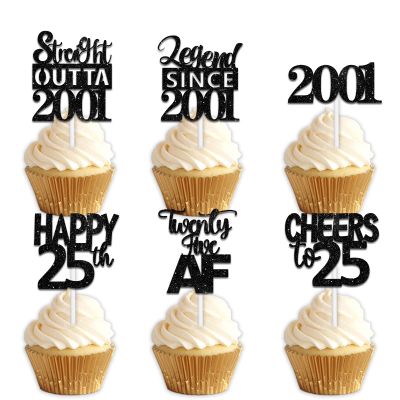 18pcs Black Glitter Dessert Cupcake Pick for Straight Outta 2001 Legend Since 2001 Theme Decor Supplies Men Boys Happy 25th Birthday Party Decoration