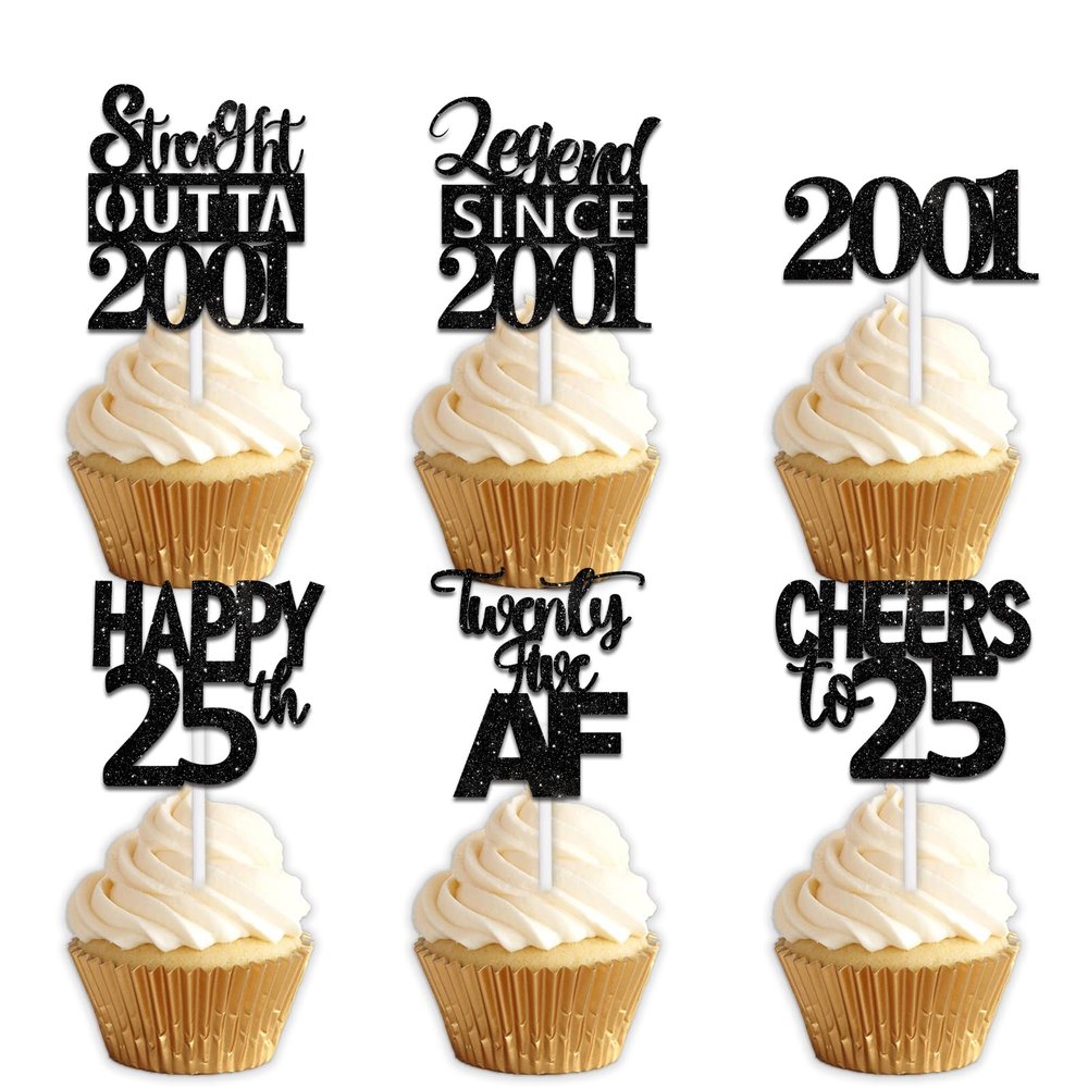 18pcs Black Glitter Dessert Cupcake Pick for Straight Outta 2001 Legend Since 2001 Theme Decor Supplies Men Boys Happy 25th Birthday Party Decoration