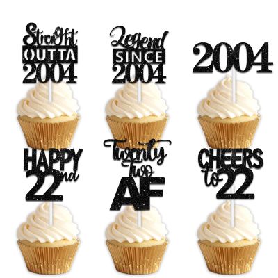 18pcs Black Glitter Dessert Cupcake Pick for Straight Outta 2004 Legend Since 2004 Theme Decor Supplies Men Boys Happy 22nd Birthday Party Decoration