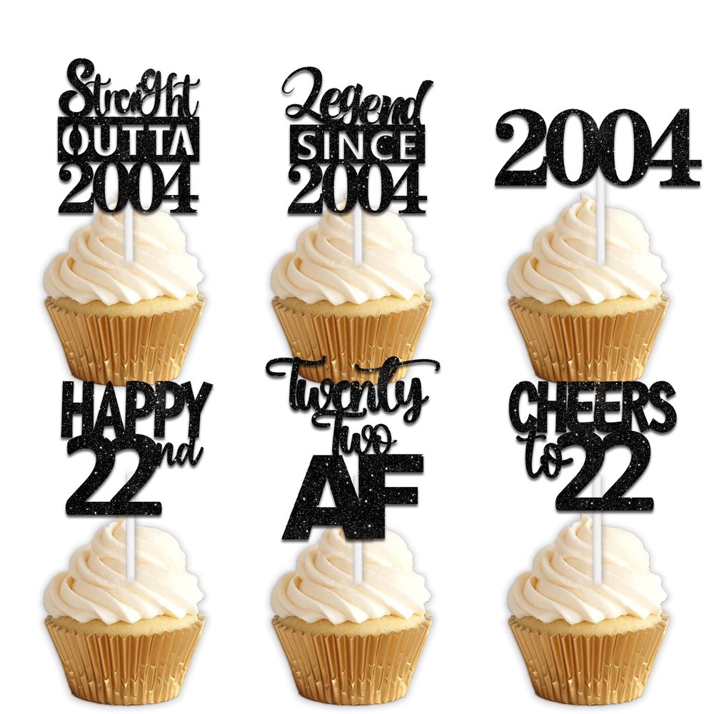 18pcs Black Glitter Dessert Cupcake Pick for Straight Outta 2004 Legend Since 2004 Theme Decor Supplies Men Boys Happy 22nd Birthday Party Decoration