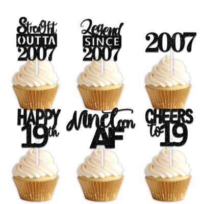 18pcs Black Glitter Dessert Cupcake Pick for Straight Outta 2007 Legend Since 2007 Theme Decor Supplies Men Boys Happy 19th Birthday Party Decoration