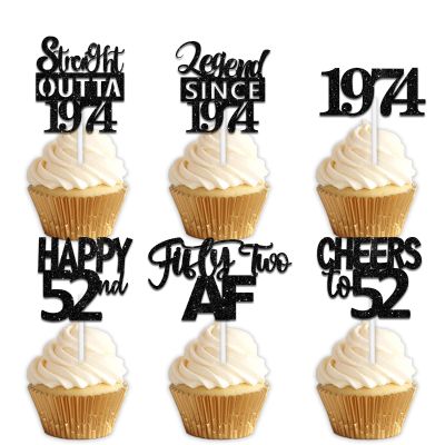18pcs Black Glitter Dessert Cupcake Pick for Straight Outta 1974 Legend Since 1974 Theme Decor Supplies Men Boys Happy 52nd Birthday Party Decoration