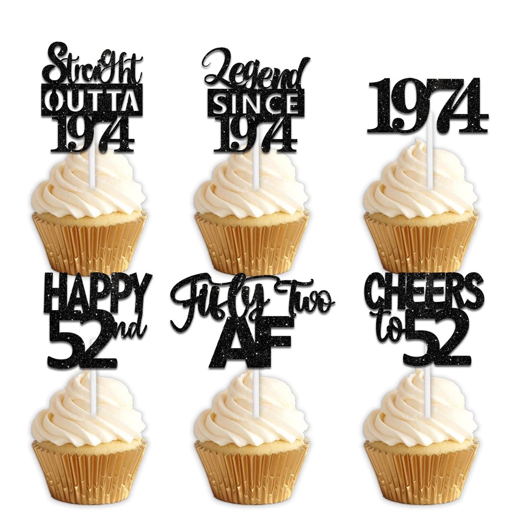 18pcs Black Glitter Dessert Cupcake Pick for Straight Outta 1974 Legend Since 1974 Theme Decor Supplies Men Boys Happy 52nd Birthday Party Decoration