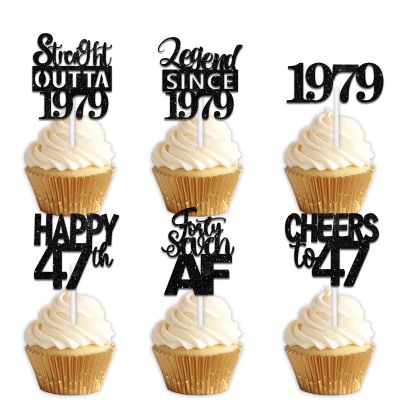 18pcs Black Glitter Dessert Cupcake Pick for Straight Outta 1979 Legend Since 1979 Theme Decor Supplies Men Boys Happy 47th Birthday Party Decoration
