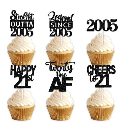 18pcs Black Glitter Dessert Cupcake Pick for Straight Outta 2005 Legend Since 2005 Theme Decor Supplies Men Boys Happy 21st Birthday Party Decoration