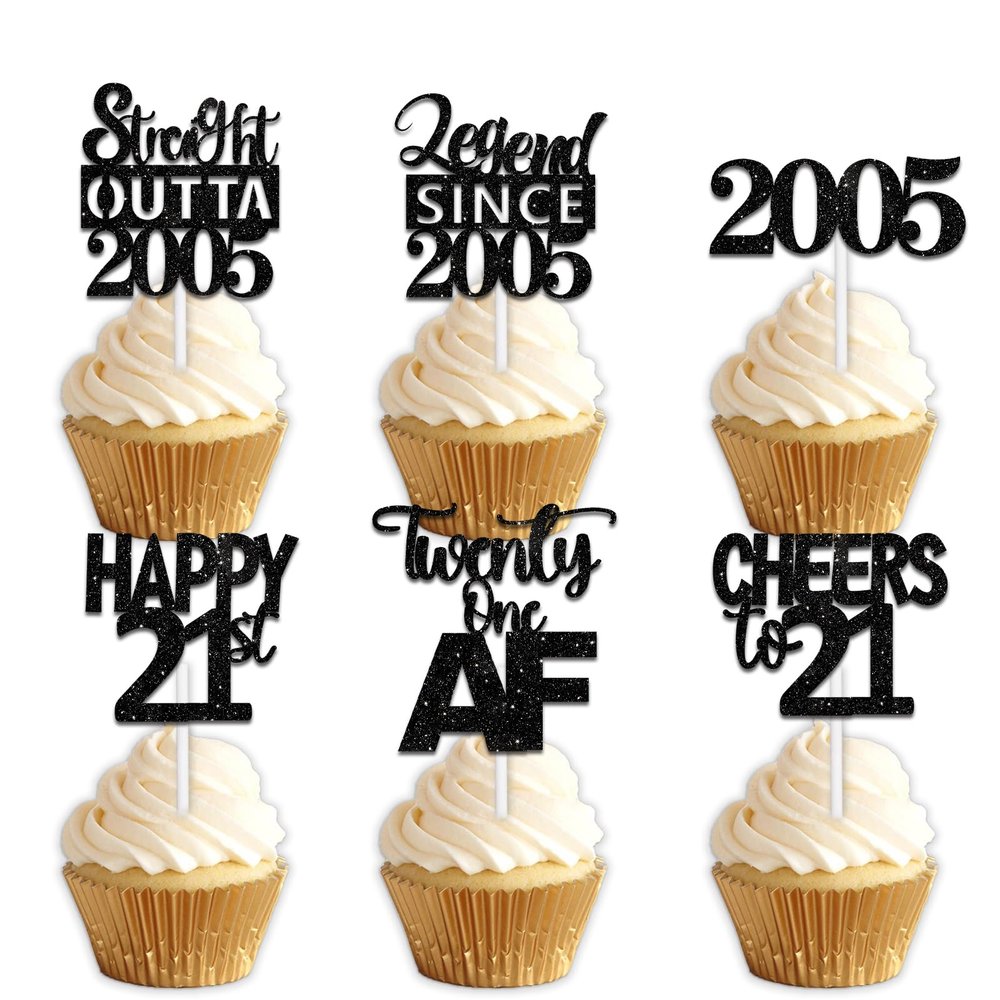 18pcs Black Glitter Dessert Cupcake Pick for Straight Outta 2005 Legend Since 2005 Theme Decor Supplies Men Boys Happy 21st Birthday Party Decoration