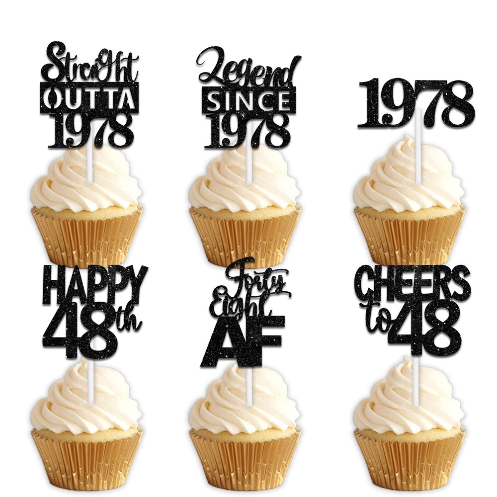 18pcs Black Glitter Dessert Cupcake Pick for Straight Outta 1978 Legend Since 1978 Theme Decor Supplies Men Boys Happy 48th Birthday Party Decoration