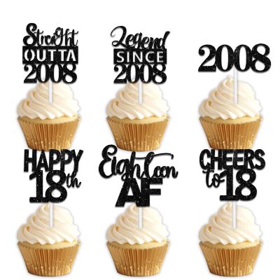 18pcs Black Glitter Dessert Cupcake Pick for Straight Outta 2008 Legend Since 2008 Theme Decor Supplies Men Boys Happy 18th Birthday Party Decoration