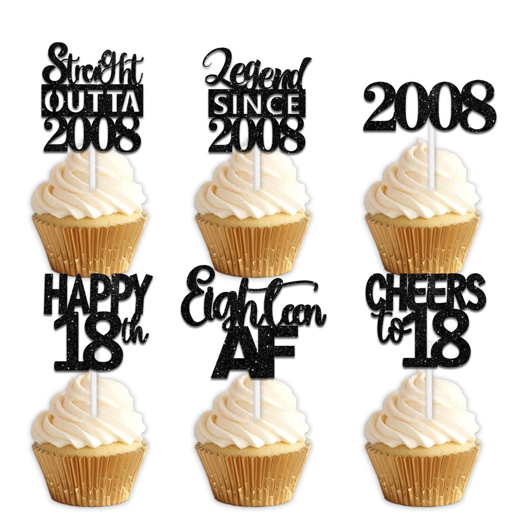 18pcs Black Glitter Dessert Cupcake Pick for Straight Outta 2008 Legend Since 2008 Theme Decor Supplies Men Boys Happy 18th Birthday Party Decoration