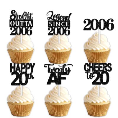 18pcs Black Glitter Dessert Cupcake Pick for Straight Outta 2006 Legend Since 2006 Theme Decor Supplies Men Boys Happy 20th Birthday Party Decoration