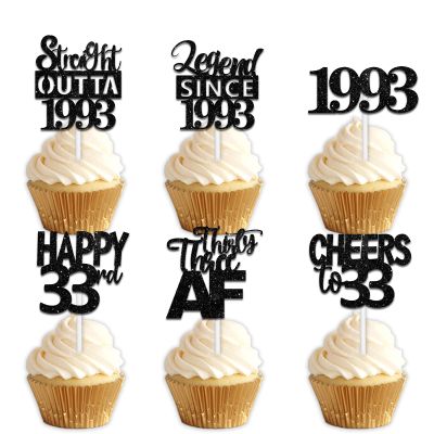 18pcs Black Glitter Dessert Cupcake Pick for Straight Outta 1993 Legend Since 1993 Theme Decor Supplies Men Boys Happy 33rd Birthday Party Decoration