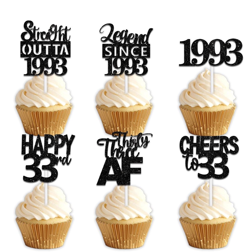 18pcs Black Glitter Dessert Cupcake Pick for Straight Outta 1993 Legend Since 1993 Theme Decor Supplies Men Boys Happy 33rd Birthday Party Decoration