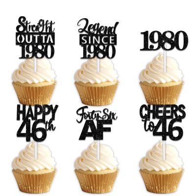 18pcs Black Glitter Dessert Cupcake Pick for Straight Outta 1980 Legend Since 1980 Theme Decor Supplies Men Boys Happy 46th Birthday Party Decoration