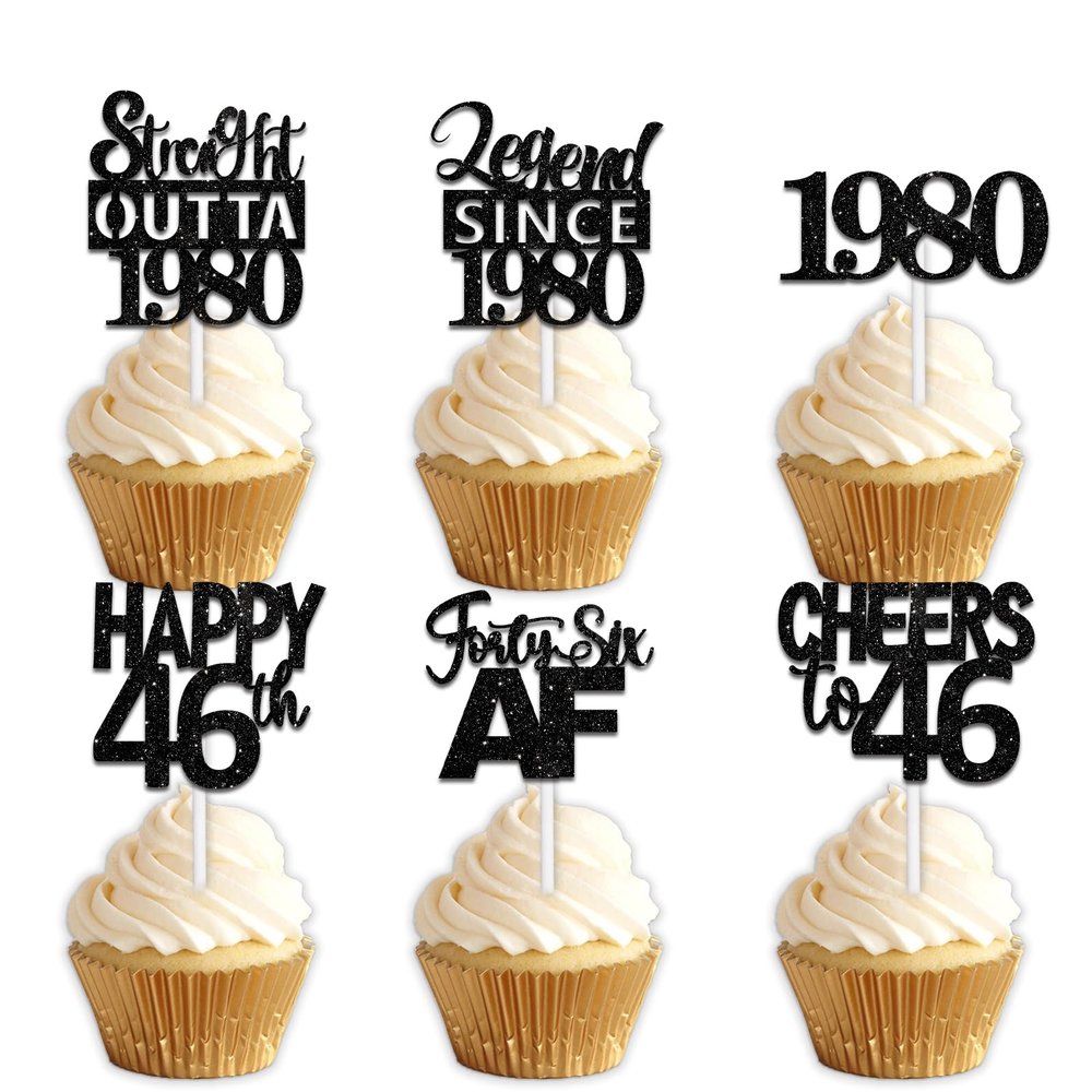 18pcs Black Glitter Dessert Cupcake Pick for Straight Outta 1980 Legend Since 1980 Theme Decor Supplies Men Boys Happy 46th Birthday Party Decoration