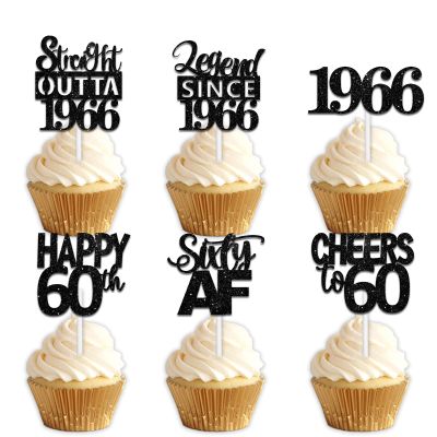 18pcs Black Glitter Dessert Cupcake Pick for Straight Outta 1966 Legend Since 1966 Theme Decor Supplies Men Boys Happy 60th Birthday Party Decoration