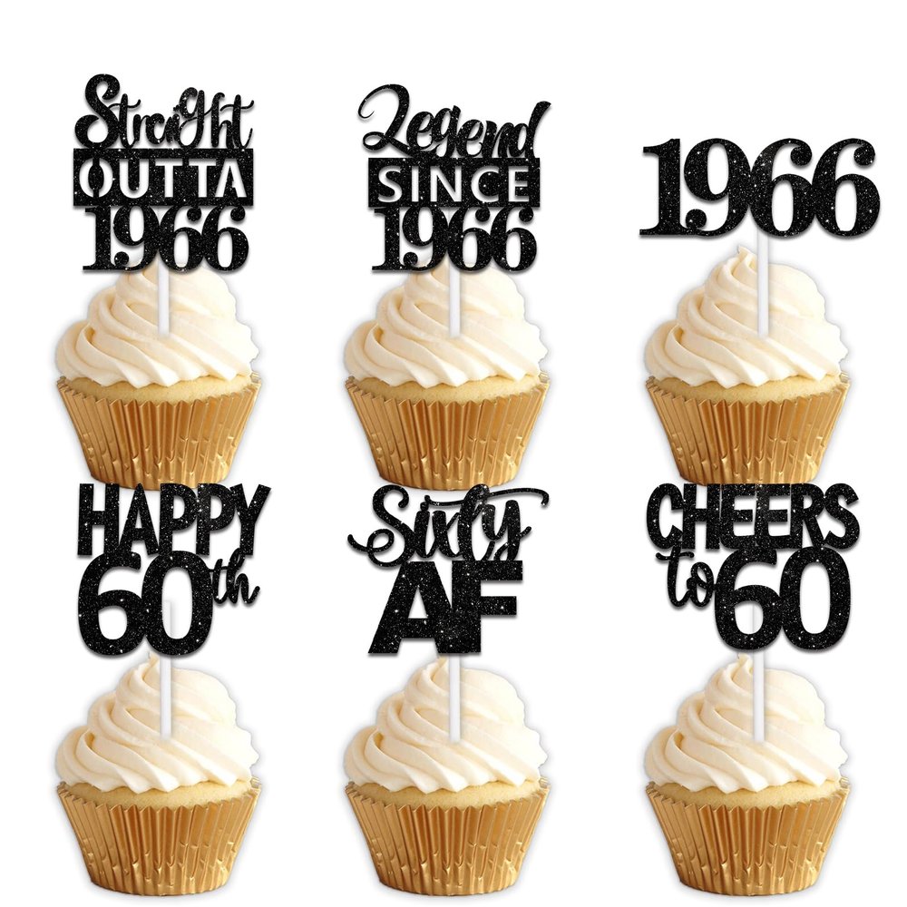 18pcs Black Glitter Dessert Cupcake Pick for Straight Outta 1966 Legend Since 1966 Theme Decor Supplies Men Boys Happy 60th Birthday Party Decoration