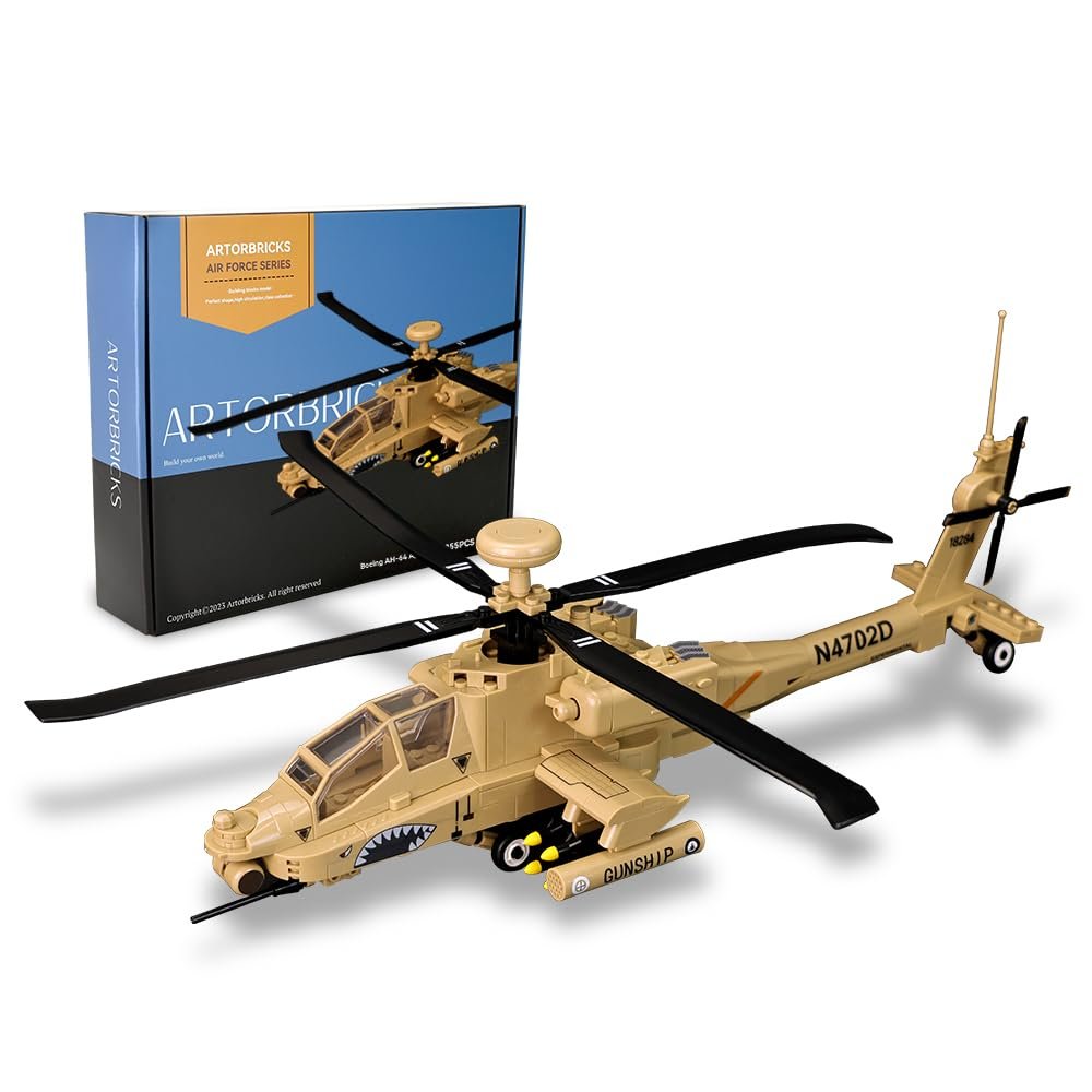 ArtorBricks AH-64 Apche Airplane Military Building Set - 223 Piece Model Kit for Adults, Collectors & Hobbyists