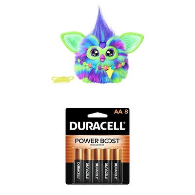 Furby Galaxy Edition, Glow in The Dark, 15 Fashion Accessories + Duracell Coppertop AA Batteries 8 Count with Power Boost Ingredients (Bundle)