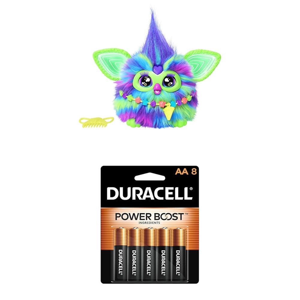 Furby Galaxy Edition, Glow in The Dark, 15 Fashion Accessories + Duracell Coppertop AA Batteries 8 Count with Power Boost Ingredients (Bundle)