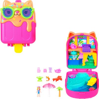 Polly Pocket Dolls and Playset, Kitty Popsicle Resort Compact, Travel Toy with 1 Micro Doll, Pet Puppy & Themed Accessories
