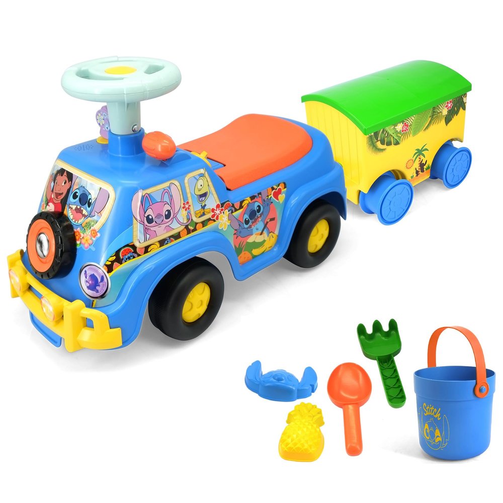 Kiddieland Stitch Lights & Sounds Foot-to-Floor Ride-On with Trailer, Interactive Dashboard, Beach Accessories, Storage Seat, for Toddlers 1236 Months