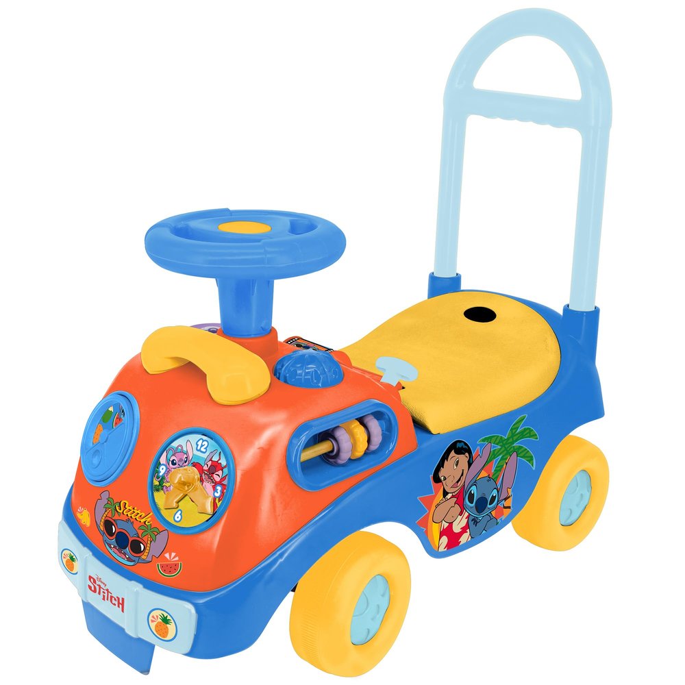 Kiddieland Lights & Sounds Adventure Ride-On, Disney Stitch Foot-to-Floor Vehicle with Interactive Dashboard, Push Handle, Seat Storage, Toddlers 1236 Months