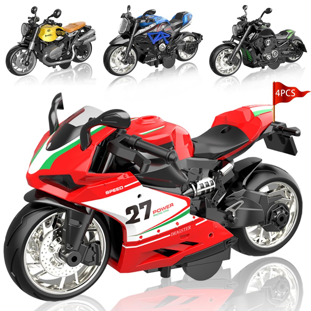 4-Pack Pull-Back Motorcycle Toys - Friction Powered Kids Toy Cars with Lights, Sounds & Automatic Drive for Boys & Girls Aged 3-12