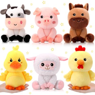 RoundFunny 6 Pcs Farm Animals Toys 7 Inch Horse Sheep Cow Duck Chick Pig Large Stuffed Animals Bulk for Woodland Baby Showers Party Decor Birthday Gifts Classroom Teacher Student Awards