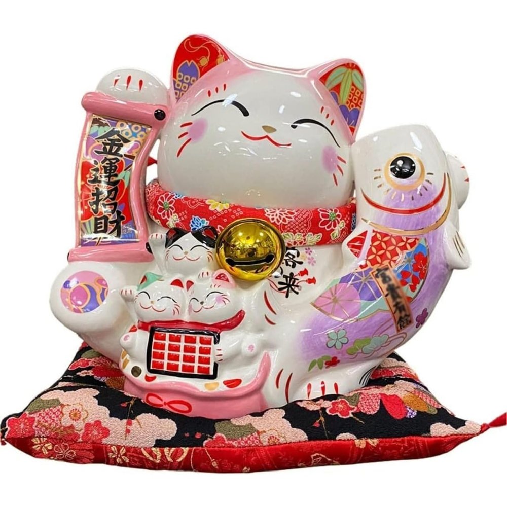 11 Inches Lucky Fortune Cat- Feng Shui Lucky Cat, Large Ceramic Piggy Bank Opening Shop Lucky Gift with Bells Home Decoration Suitable for Shop, Restaurant, Living Room and Home Decoration