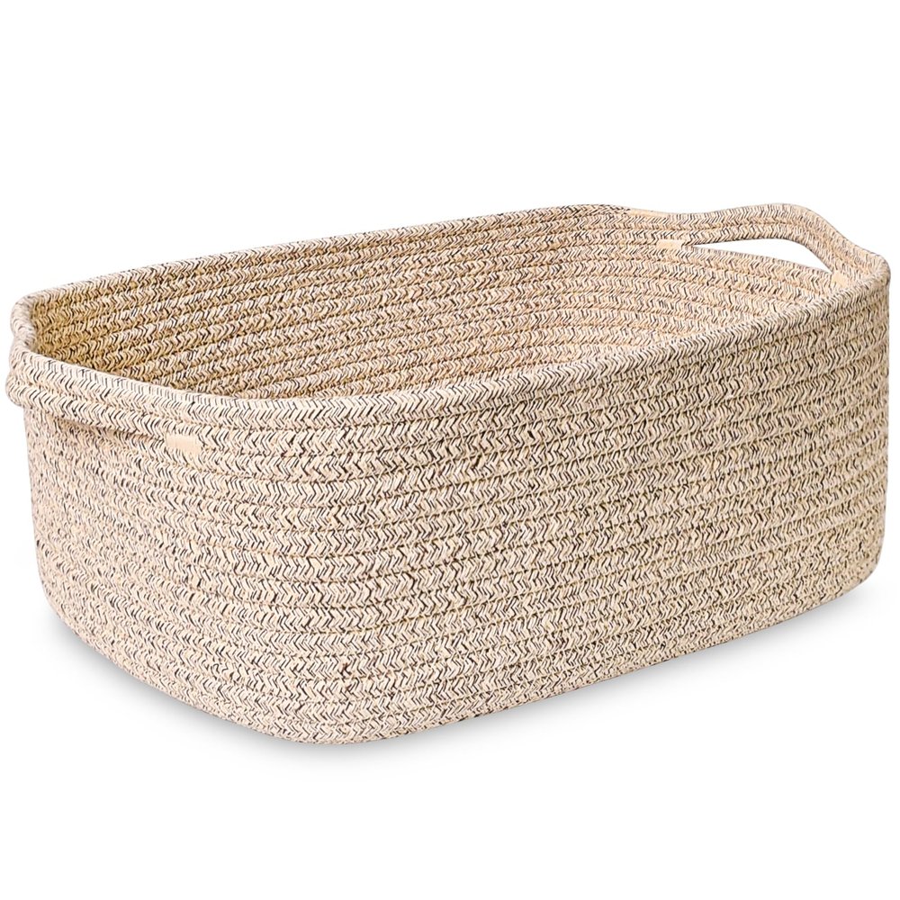 ABenkle Small Storage Basket with Handles, Cotton Rope Woven Dog Cat Toy Bin, Decorative Shelves Closet Organizing for Nursery Laundry Bedroom Bathroom, 14.2''x 11''x 5.1''
